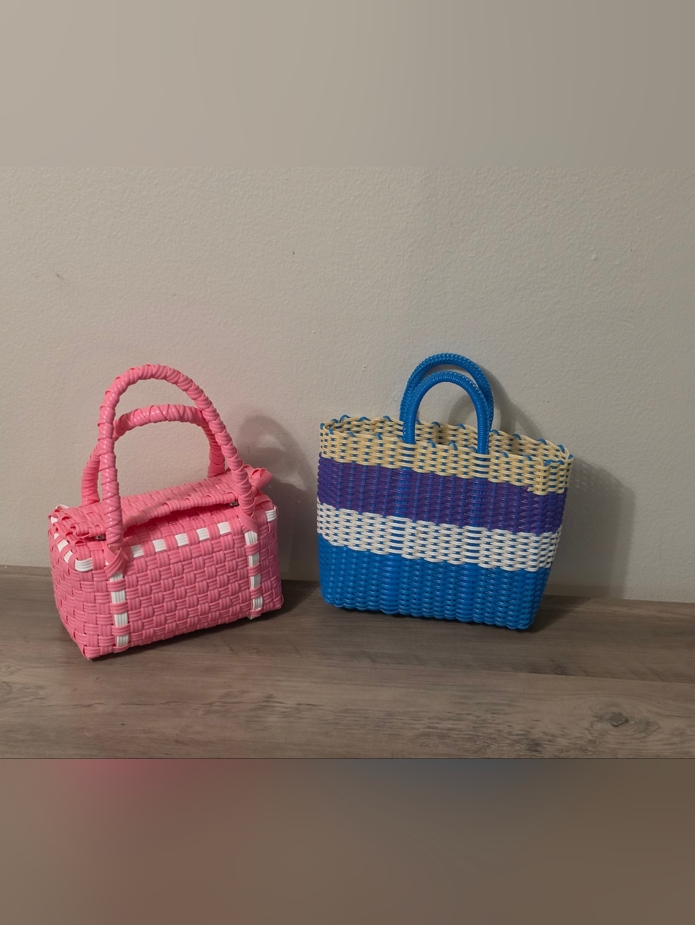 Bundle Blue & Cream Striped  And Pink And White Woven Tote Bag Bundle of Two